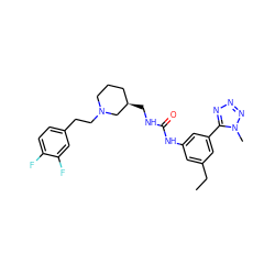 CCc1cc(NC(=O)NC[C@@H]2CCCN(CCc3ccc(F)c(F)c3)C2)cc(-c2nnnn2C)c1 ZINC000028341646