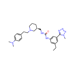 CCc1cc(NC(=O)NC[C@@H]2CCCN(CCc3ccc(N(C)C)cc3)C2)cc(-c2nnnn2C)c1 ZINC000028337215