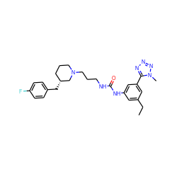 CCc1cc(NC(=O)NCCCN2CCC[C@@H](Cc3ccc(F)cc3)C2)cc(-c2nnnn2C)c1 ZINC000029129203