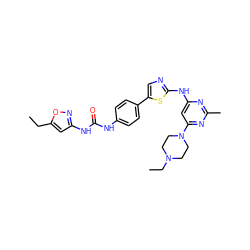 CCc1cc(NC(=O)Nc2ccc(-c3cnc(Nc4cc(N5CCN(CC)CC5)nc(C)n4)s3)cc2)no1 ZINC000222004704