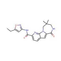 CCc1cc(NC(=O)c2ccc3cc4n(c3n2)CC(C)(C)CNC4=O)no1 ZINC000147134681