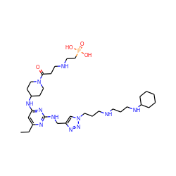 CCc1cc(NC2CCN(C(=O)CCNCCP(=O)(O)O)CC2)nc(NCc2cn(CCCNCCCNC3CCCCC3)nn2)n1 ZINC001772571767