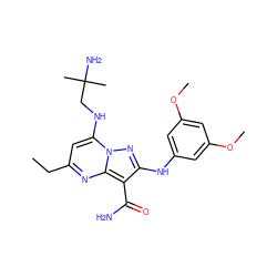 CCc1cc(NCC(C)(C)N)n2nc(Nc3cc(OC)cc(OC)c3)c(C(N)=O)c2n1 ZINC000040895837