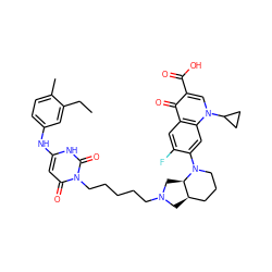 CCc1cc(Nc2cc(=O)n(CCCCCN3C[C@@H]4CCCN(c5cc6c(cc5F)c(=O)c(C(=O)O)cn6C5CC5)[C@@H]4C3)c(=O)[nH]2)ccc1C ZINC000028569521