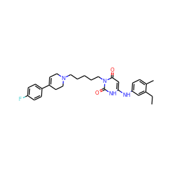 CCc1cc(Nc2cc(=O)n(CCCCCN3CC=C(c4ccc(F)cc4)CC3)c(=O)[nH]2)ccc1C ZINC000013674979