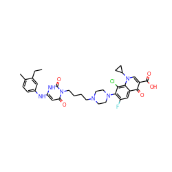 CCc1cc(Nc2cc(=O)n(CCCCN3CCN(c4c(F)cc5c(=O)c(C(=O)O)cn(C6CC6)c5c4Cl)CC3)c(=O)[nH]2)ccc1C ZINC000028568581