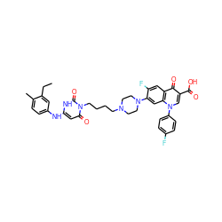 CCc1cc(Nc2cc(=O)n(CCCCN3CCN(c4cc5c(cc4F)c(=O)c(C(=O)O)cn5-c4ccc(F)cc4)CC3)c(=O)[nH]2)ccc1C ZINC000028570871