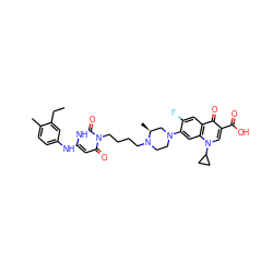 CCc1cc(Nc2cc(=O)n(CCCCN3CCN(c4cc5c(cc4F)c(=O)c(C(=O)O)cn5C4CC4)C[C@@H]3C)c(=O)[nH]2)ccc1C ZINC000028569519