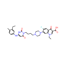 CCc1cc(Nc2cc(=O)n(CCCCN3CCN(c4cc5c(cc4F)c(=O)c(C(=O)O)cn5CC)CC3)c(=O)[nH]2)ccc1C ZINC000028569675