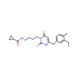 CCc1cc(Nc2cc(=O)n(CCCCNC(=O)C3CC3)c(=O)[nH]2)ccc1C ZINC000013674993