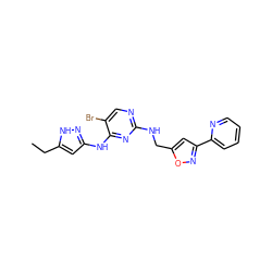 CCc1cc(Nc2nc(NCc3cc(-c4ccccn4)no3)ncc2Br)n[nH]1 ZINC000084730687