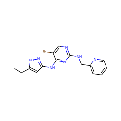 CCc1cc(Nc2nc(NCc3ccccn3)ncc2Br)n[nH]1 ZINC000084730684