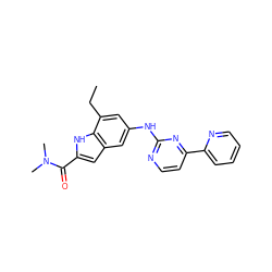 CCc1cc(Nc2nccc(-c3ccccn3)n2)cc2cc(C(=O)N(C)C)[nH]c12 ZINC000145333678