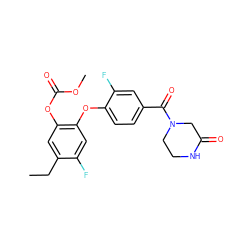 CCc1cc(OC(=O)OC)c(Oc2ccc(C(=O)N3CCNC(=O)C3)cc2F)cc1F ZINC000169700182