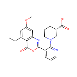 CCc1cc(OC)cc2nc(-c3cccnc3N3CCC[C@H](C(=O)O)C3)oc(=O)c12 ZINC000043120584