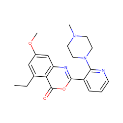 CCc1cc(OC)cc2nc(-c3cccnc3N3CCN(C)CC3)oc(=O)c12 ZINC000043060464