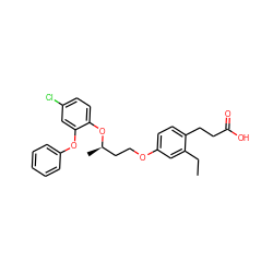 CCc1cc(OCC[C@@H](C)Oc2ccc(Cl)cc2Oc2ccccc2)ccc1CCC(=O)O ZINC000034717704