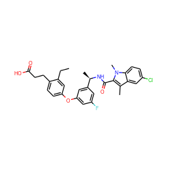 CCc1cc(Oc2cc(F)cc([C@@H](C)NC(=O)c3c(C)c4cc(Cl)ccc4n3C)c2)ccc1CCC(=O)O ZINC000028825492