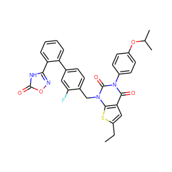 CCc1cc2c(=O)n(-c3ccc(OC(C)C)cc3)c(=O)n(Cc3ccc(-c4ccccc4-c4noc(=O)[nH]4)cc3F)c2s1 ZINC000096169990