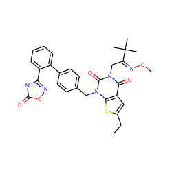 CCc1cc2c(=O)n(C/C(=N/OC)C(C)(C)C)c(=O)n(Cc3ccc(-c4ccccc4-c4noc(=O)[nH]4)cc3)c2s1 ZINC000096169978