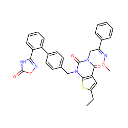 CCc1cc2c(=O)n(C/C(=N\OC)c3ccccc3)c(=O)n(Cc3ccc(-c4ccccc4-c4noc(=O)[nH]4)cc3)c2s1 ZINC000169694246