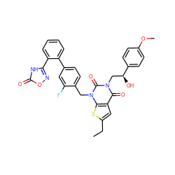 CCc1cc2c(=O)n(C[C@H](O)c3ccc(OC)cc3)c(=O)n(Cc3ccc(-c4ccccc4-c4noc(=O)[nH]4)cc3F)c2s1 ZINC000096169985