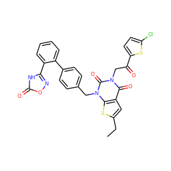 CCc1cc2c(=O)n(CC(=O)c3ccc(Cl)s3)c(=O)n(Cc3ccc(-c4ccccc4-c4noc(=O)[nH]4)cc3)c2s1 ZINC000096169984