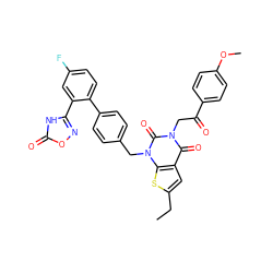 CCc1cc2c(=O)n(CC(=O)c3ccc(OC)cc3)c(=O)n(Cc3ccc(-c4ccc(F)cc4-c4noc(=O)[nH]4)cc3)c2s1 ZINC000096169996