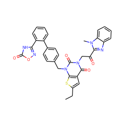 CCc1cc2c(=O)n(CC(=O)c3nc4ccccc4n3C)c(=O)n(Cc3ccc(-c4ccccc4-c4noc(=O)[nH]4)cc3)c2s1 ZINC000096169977