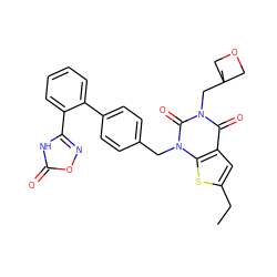 CCc1cc2c(=O)n(CC3(C)COC3)c(=O)n(Cc3ccc(-c4ccccc4-c4noc(=O)[nH]4)cc3)c2s1 ZINC000096169980