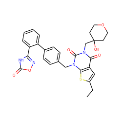 CCc1cc2c(=O)n(CC3(O)CCOCC3)c(=O)n(Cc3ccc(-c4ccccc4-c4noc(=O)[nH]4)cc3)c2s1 ZINC000096169981