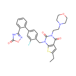 CCc1cc2c(=O)n(CCN3CCOCC3)c(=O)n(Cc3ccc(-c4ccccc4-c4noc(=O)[nH]4)cc3F)c2s1 ZINC000096169968