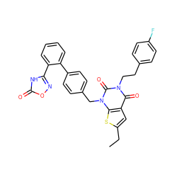 CCc1cc2c(=O)n(CCc3ccc(F)cc3)c(=O)n(Cc3ccc(-c4ccccc4-c4noc(=O)[nH]4)cc3)c2s1 ZINC000096169955