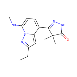 CCc1cc2c(C3=NNC(=O)C3(C)C)ccc(NC)n2n1 ZINC000084722515