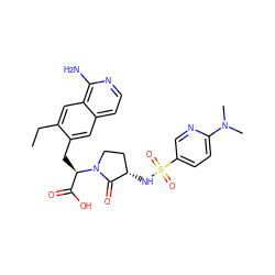 CCc1cc2c(N)nccc2cc1C[C@H](C(=O)O)N1CC[C@H](NS(=O)(=O)c2ccc(N(C)C)nc2)C1=O ZINC000142628784