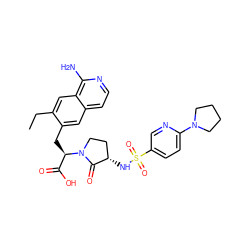 CCc1cc2c(N)nccc2cc1C[C@H](C(=O)O)N1CC[C@H](NS(=O)(=O)c2ccc(N3CCCC3)nc2)C1=O ZINC000142636758