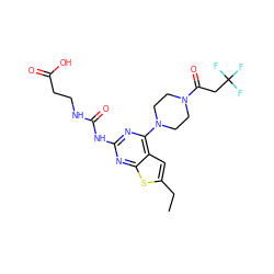 CCc1cc2c(N3CCN(C(=O)CC(F)(F)F)CC3)nc(NC(=O)NCCC(=O)O)nc2s1 ZINC000045259027