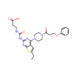 CCc1cc2c(N3CCN(C(=O)CCOc4ccccc4)CC3)nc(NC(=O)NCCC(=O)O)nc2s1 ZINC000045316291