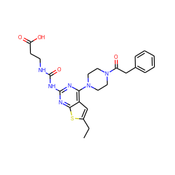 CCc1cc2c(N3CCN(C(=O)Cc4ccccc4)CC3)nc(NC(=O)NCCC(=O)O)nc2s1 ZINC000045258417