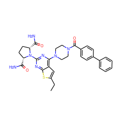 CCc1cc2c(N3CCN(C(=O)c4ccc(-c5ccccc5)cc4)CC3)nc(N3[C@H](C(N)=O)CC[C@@H]3C(N)=O)nc2s1 ZINC000049679417