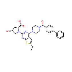 CCc1cc2c(N3CCN(C(=O)c4ccc(-c5ccccc5)cc4)CC3)nc(N3C[C@@H](O)C[C@H]3C(=O)O)nc2s1 ZINC000049694458