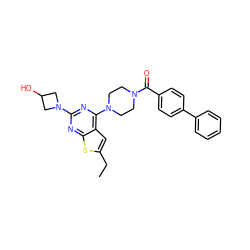 CCc1cc2c(N3CCN(C(=O)c4ccc(-c5ccccc5)cc4)CC3)nc(N3CC(O)C3)nc2s1 ZINC000045258551