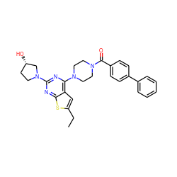 CCc1cc2c(N3CCN(C(=O)c4ccc(-c5ccccc5)cc4)CC3)nc(N3CC[C@H](O)C3)nc2s1 ZINC000045325049