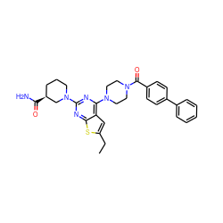 CCc1cc2c(N3CCN(C(=O)c4ccc(-c5ccccc5)cc4)CC3)nc(N3CCC[C@H](C(N)=O)C3)nc2s1 ZINC000049678459