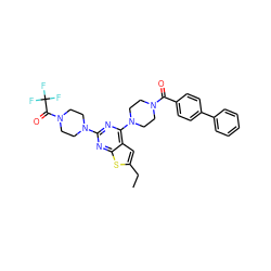 CCc1cc2c(N3CCN(C(=O)c4ccc(-c5ccccc5)cc4)CC3)nc(N3CCN(C(=O)C(F)(F)F)CC3)nc2s1 ZINC000049679414