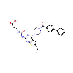 CCc1cc2c(N3CCN(C(=O)c4ccc(-c5ccccc5)cc4)CC3)nc(NC(=O)NCCC(=O)O)nc2s1 ZINC000043132386