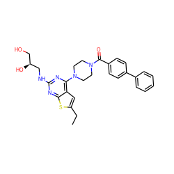 CCc1cc2c(N3CCN(C(=O)c4ccc(-c5ccccc5)cc4)CC3)nc(NC[C@@H](O)CO)nc2s1 ZINC000038218345