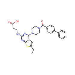 CCc1cc2c(N3CCN(C(=O)c4ccc(-c5ccccc5)cc4)CC3)nc(NCCC(=O)O)nc2s1 ZINC000043132388