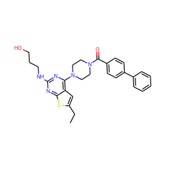 CCc1cc2c(N3CCN(C(=O)c4ccc(-c5ccccc5)cc4)CC3)nc(NCCCO)nc2s1 ZINC000045316312