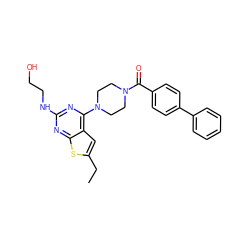 CCc1cc2c(N3CCN(C(=O)c4ccc(-c5ccccc5)cc4)CC3)nc(NCCO)nc2s1 ZINC000045245534